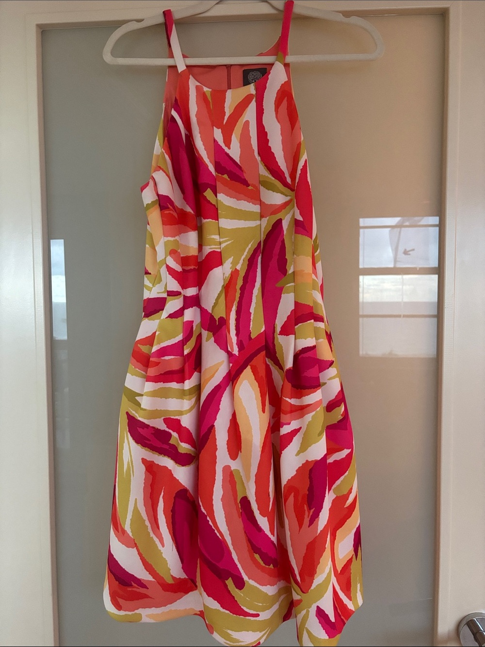 Vince Camuto Bright Abstract Halter Midi Dress in Pink, Coral, Green